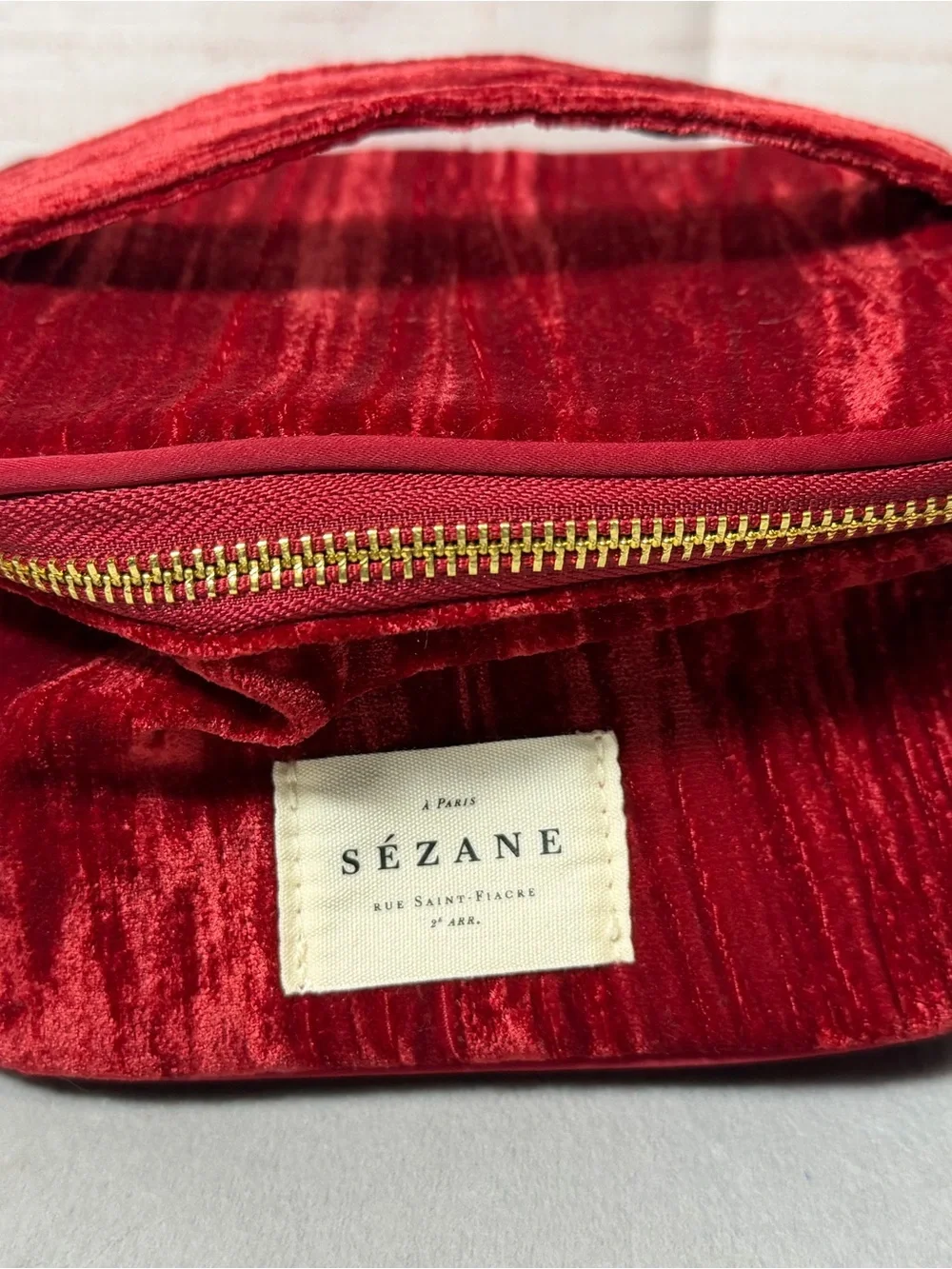Sézane Red Velvet Cosmetic Pouch with Gold Zipper